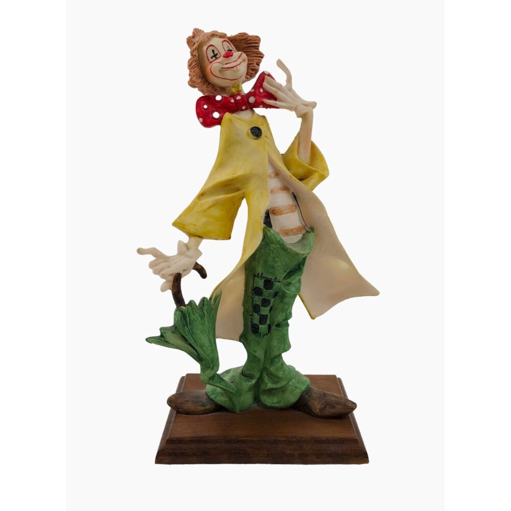 Prestige Clown Figurine On Base Stand Yellow Trench Coat Green Umbrella